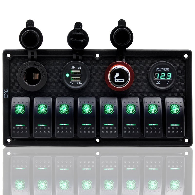 FXC Waterproof Marine Boat Rocker Switch Panel 8 Gang with Dual USB Slot Socket + Cigarette Lighter and Adapter + Digital Voltage Display LED Light for Car Rv Vehicles Truck (8 Gang Green Light) - Image 1